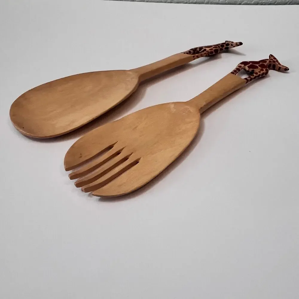 Wood Salad Server Set Giraffe Handle African Safari‎ Spoon Fork Kitchen Handmade